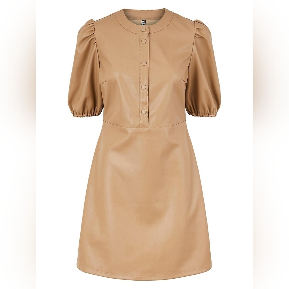 Elegant Tan Puff Sleeve Dress
